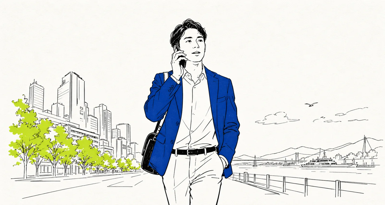 移動しながらスマートフォンで目的と指示を伝える人物